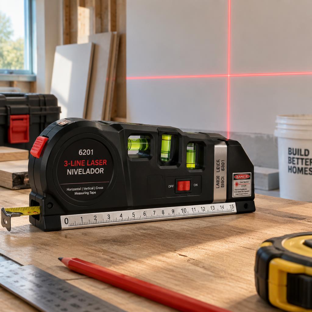 Nível a Laser Profissional 3 Linhas projetando linhas vermelhas em cruz na parede